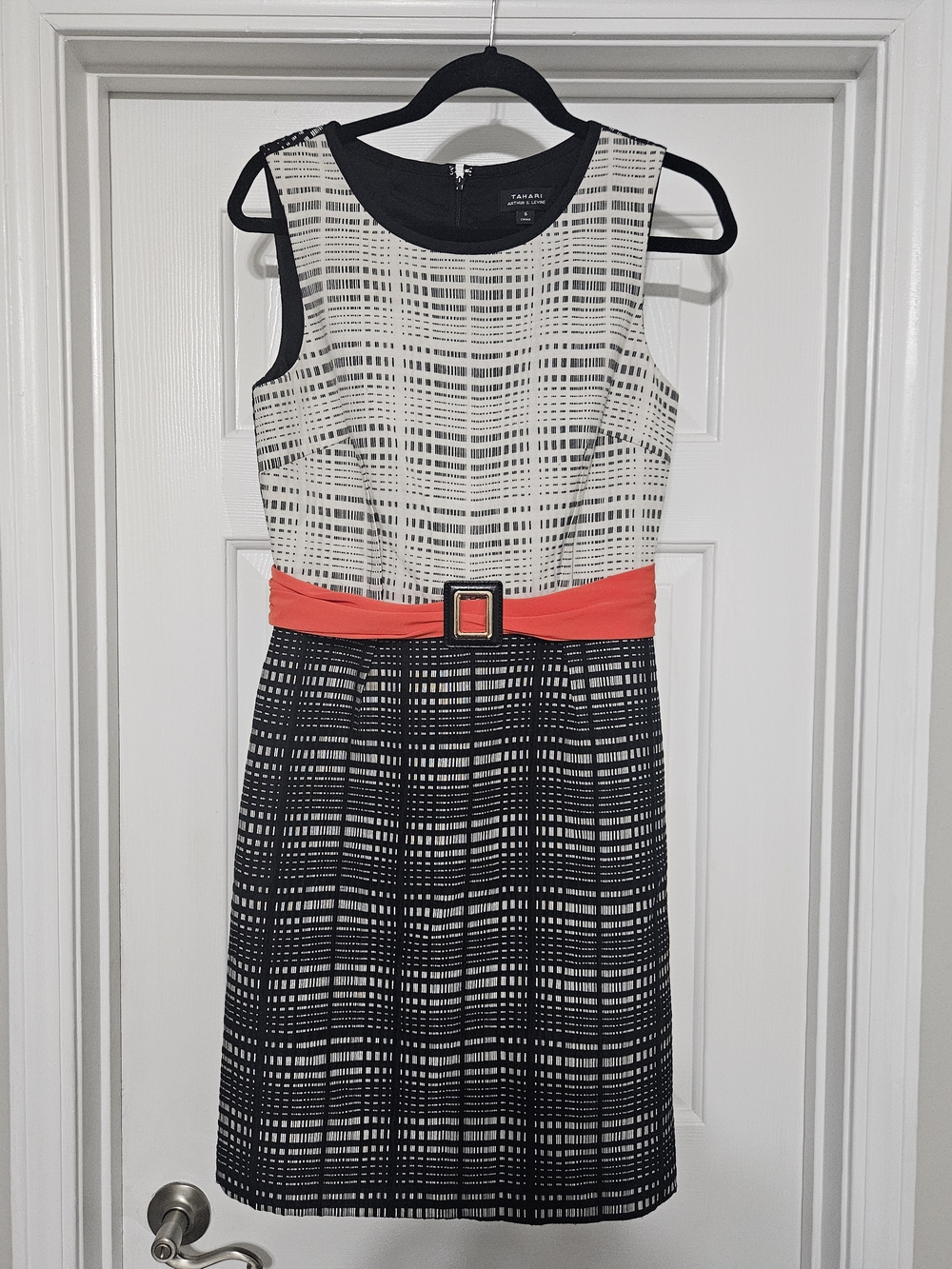 Tahari Black & White Grid Knee Length Dress with Coral Belt Accent